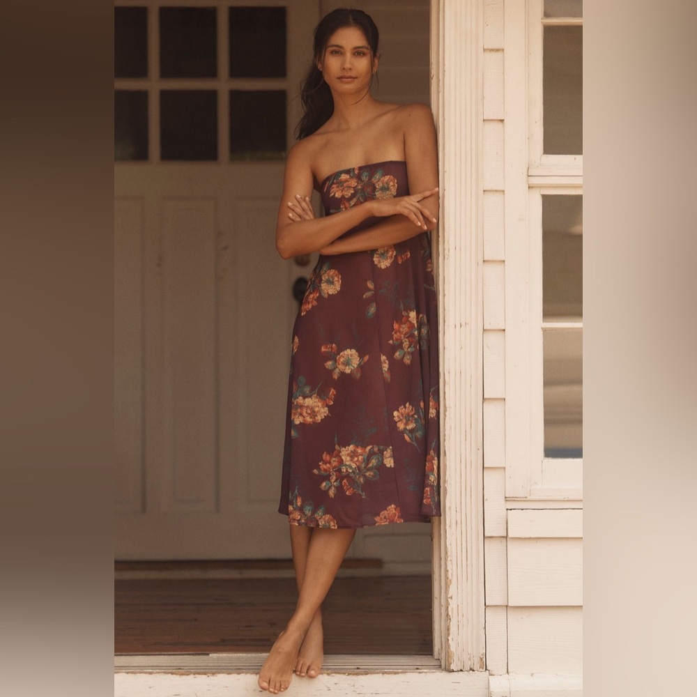 Anthropologie LyreBird Strapless Sheer Chiffon Maxi Dress in Plum